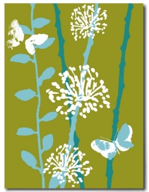 Green and Blue Color Print with Flowers and Butterfly