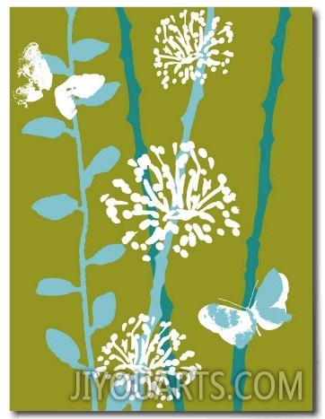 Green and Blue Color Print with Flowers and Butterfly