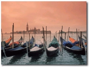 Sunset on Gondolas and Grand Canal, Venice, Italy