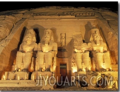 Night Shot of the Entrence to the Temple of Ramses II in Abu Simbel, Egypt