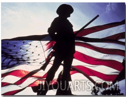 Silhouette of Soldier in Front of Flag