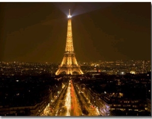 Digital Composite of Eiffel Tower and Champs Elysees at Nighttime, Paris, France