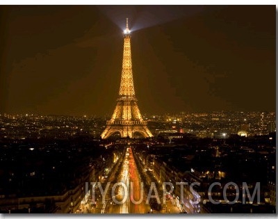 Nighttime View of Eiffel Tower and Champs Elysees, Paris, France