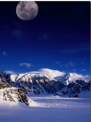 High Moon Over the Ruth Ampitheatre on Ruth Glacier, Denali National Park & Preserve, Alaska, USA