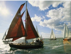 Red Sailed Sailboat and Others in a Race on the Chesapeake Bay