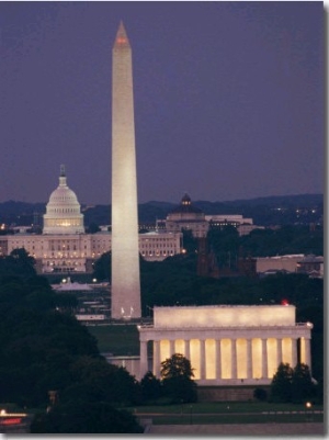 A Night View of the Lincoln Memorial, Washington Monument, and Capitol Building