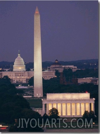 A Night View of the Lincoln Memorial, Washington Monument, and Capitol Building