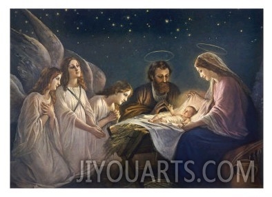 Joseph and Mary Admiring Their Son are Joined by a Trio of Angels Who are No Less Impressed