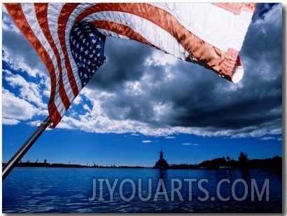 American Flag and Uss Missouri at Pearl Harbour, USA