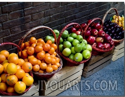 Six Baskets of Assorted Fresh Fruit for Sale at a Siena Market, Tuscany, Italy