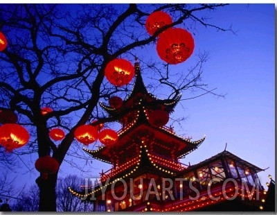 Chinese Pagoda and Tree Lanterns in Tivoli Park, Copenhagen, Denmark