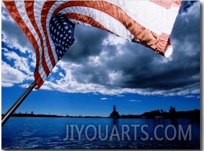 American Flag and Uss Missouri at Pearl Harbour, USA