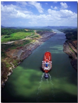 High Angle View of Cargo Ship on Gaillard Cut, Panama Canal, Near Gamboa, Gamboa, Panama