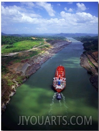 High Angle View of Cargo Ship on Gaillard Cut, Panama Canal, Near Gamboa, Gamboa, Panama