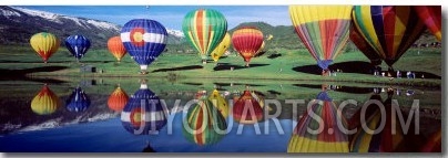 Reflection of Hot Air Balloons on Water, Colorado, USA