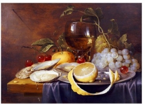 A Roemer, a Peeled Half Lemon on a Pewter Plate, Oysters, Cherries and an Orange on a Draped Table