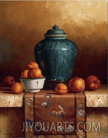 Ginger Jar with Peaches, Apricots and Tapestry