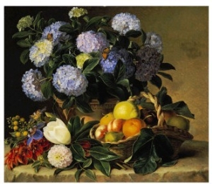 Hydrangea in an Urn and a Basket of Fruit on a Ledge