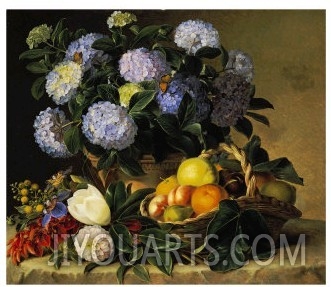 Hydrangea in an Urn and a Basket of Fruit on a Ledge