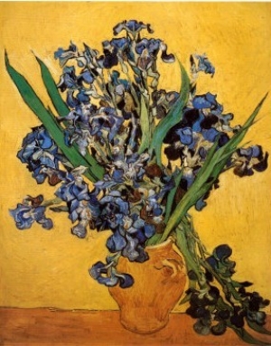 Vase of Irises Against a Yellow Background, c.1890