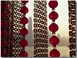 Curtain of Chinese New Year Decorations Frame a View of Victoria Harbour from Tsim Sha Tsui, in Hon