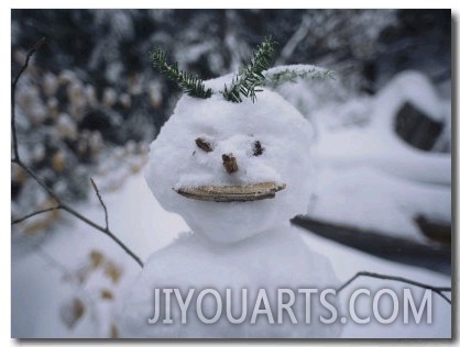 A Smiling Snowman with Twig Arms