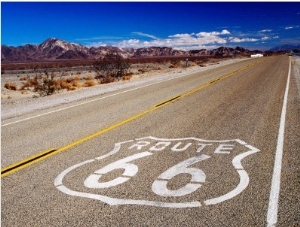 Route 66 Sign on Highway Near Amboy, Mojave Desert, California