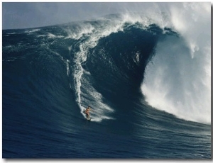 Surfer Rides a Powerful Wave off the North Shore of Maui Island