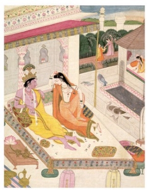 Krishna and Radha on a Bed in a Mogul Palace, Punjab, c.1860