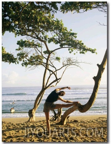 A Woman Stretches Her Body on a Small Tree at a Sandy Beach