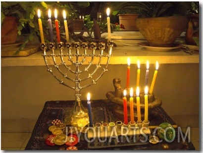 Jewish Festival of Hanukkah, Three Hanukiah with Four Candles Each, Jerusalem, Israel, Middle East