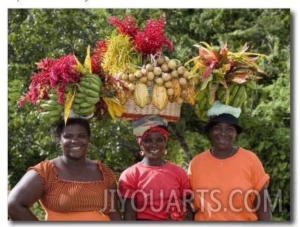 Grenadian Women Carrying Fruit on Their Heads near Annandale Falls, St. George, Grenada