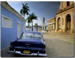 View Across Plaza Mayor with Old American Car Parked on Cobbles, Trinidad, Cuba, West Indies