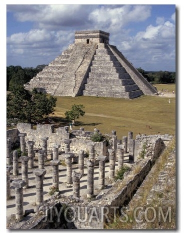 One Thousand Mayan Columns and the Great Pyramid El Castillo, Chichen Itza, Mexico