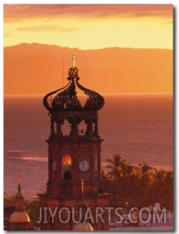 Tower of Nuestra Senora de Guadalupe at Sunset, and Bay of Banderas, Puerto Vallarta, Mexico