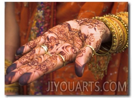 Wedding Guest Showing Henna Marking on Her Hand, Dubai, United Arab Emirates