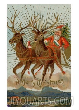 Santa and His Reindeer Flying Through the Sky with a Sleigh Full of Christmas Goodies