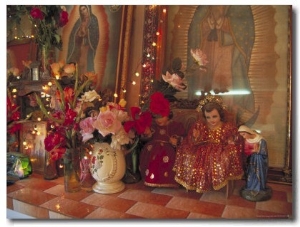 Altar with Candles, Flowers, and Spiritual Imagery for the Day of the Dead Celebration, Mexico