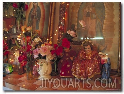 Altar with Candles, Flowers, and Spiritual Imagery for the Day of the Dead Celebration, Mexico