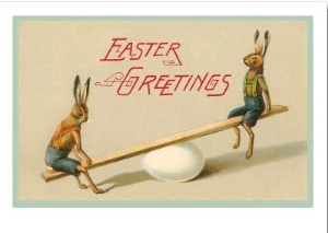 Easter Greetings, Rabbits on Seesaw