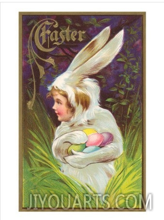 Easter, Girl in Rabbit Suit with Eggs