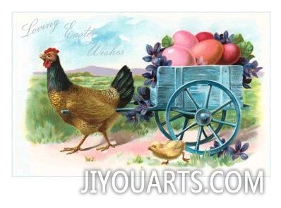 Loving Easter Wishes, Rooster Pulling Egg Wagon