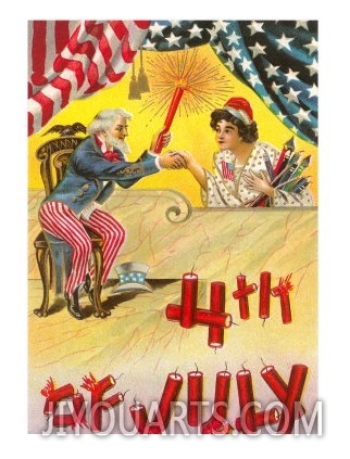 4th of July, Uncle Sam Shaking Hands with Rocket Lady