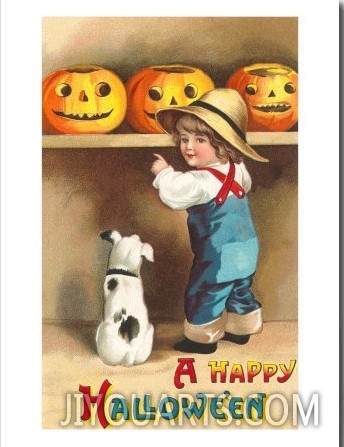 A Happy Halloween, Dog and Boy with Jack O