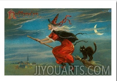 Halloween, Witch and Cat on Broom