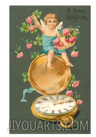 Happy New Year, Cherub with Clover and Watch