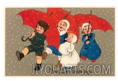 Happy New Year, Children with Red Umbrellas