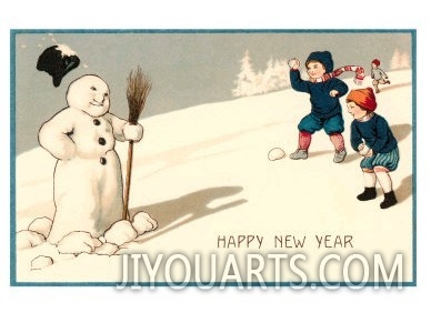 Happy New Year, Children with Snowman