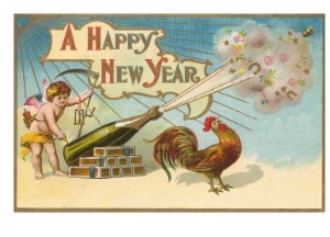 Happy New Year, Rooster and Champagne Bottle