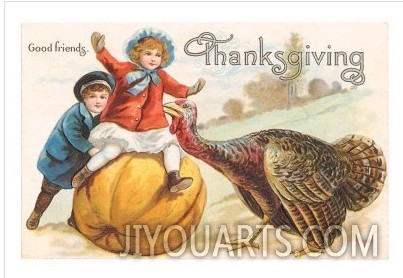 Greetings, Children with Turkey and Pumpkin